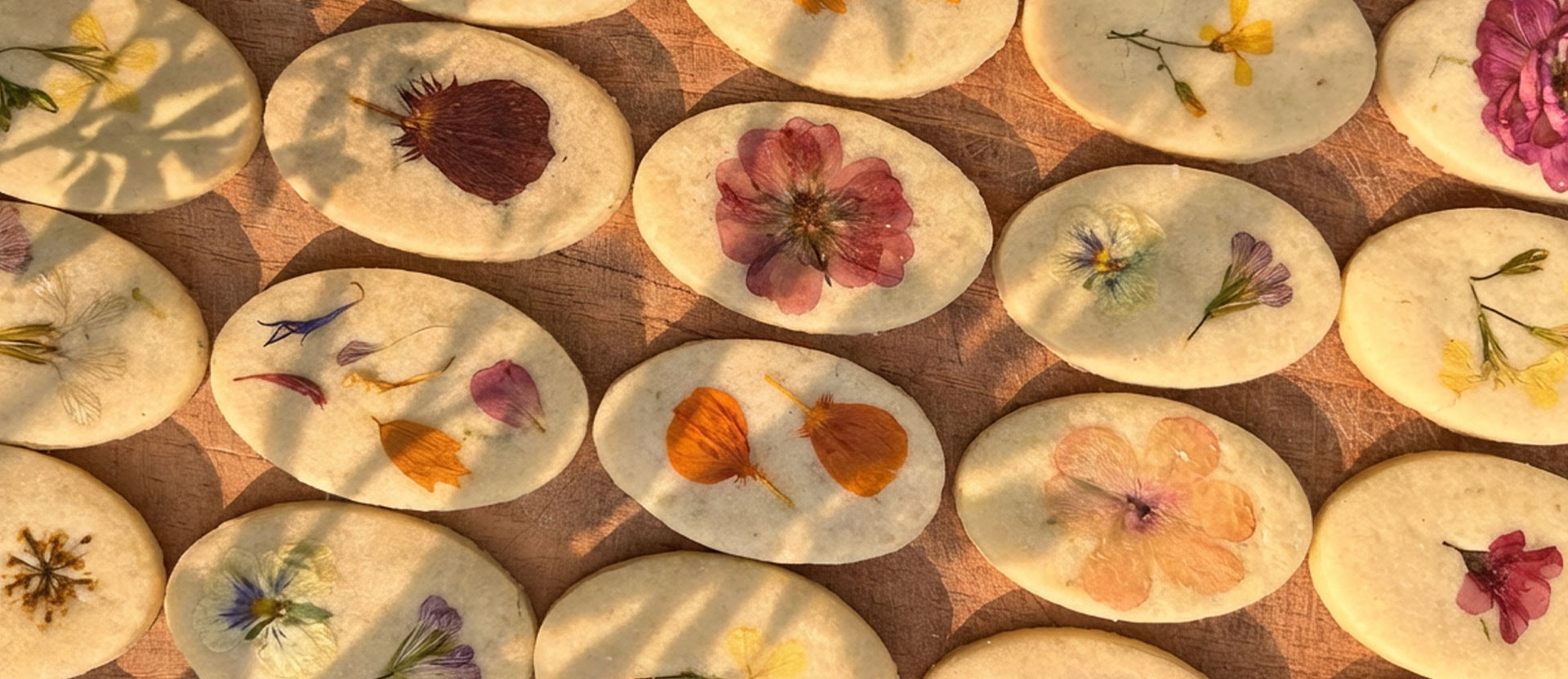 Biscoitos florais prontos em uma composição com luz natural